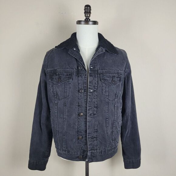 Zara Jacket Mens Small Black Denim Jean Faux Fur Trim Collared Button Down